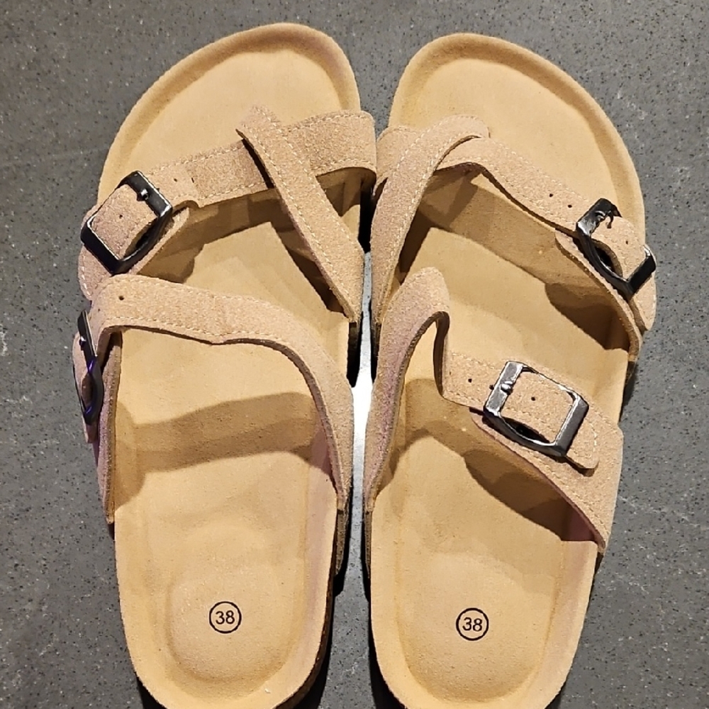 Tan Suede Double Strap Sandals